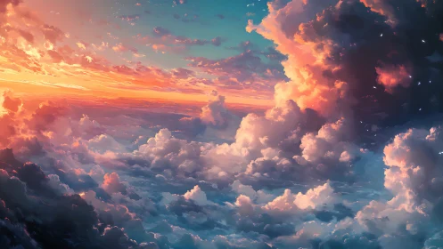 Glowing sunset clouds drifting in a dreamy painted sky.