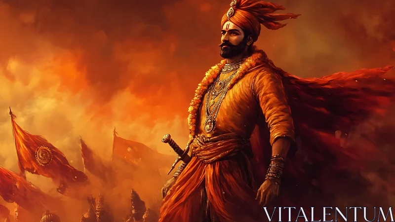 Warrior leader in saffron attire amid stormlit battle flags
