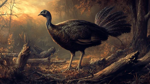 Golden forest glow welcomes a proud wild turkey at dusk