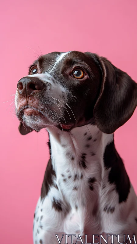 Expressive brown and white dog gazes upward on pink backdrop.