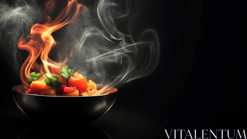Flaming vegetable dish in black bowl against dark background.