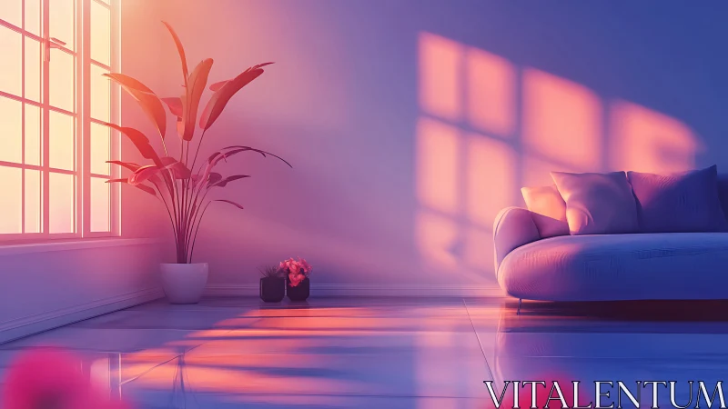 Soft sunset light fills a serene minimalist living room