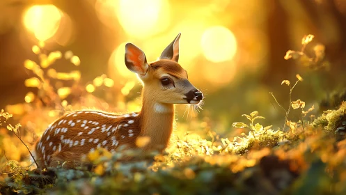 Sunlit forest fawn pauses where golden morning melts softly