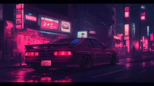 Neon-soaked street racer idles beneath electric midnight haze.