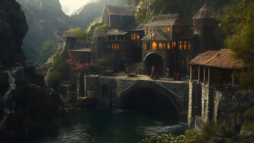 Digital painting of riverside medieval bridgehold at dusk.