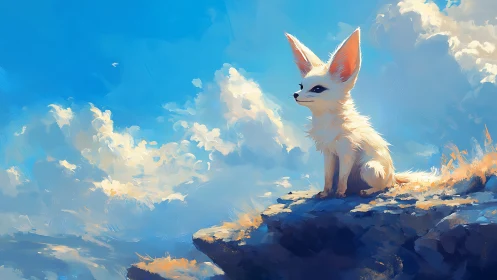 Small foxlike creature on rocky ledge under open sky.