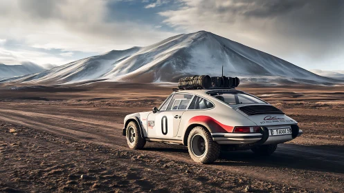 Rally-modified classic coupe on desert road before mountains.