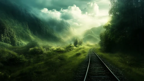 Curved railway vanishes into foggy, lush valley under volumetric light