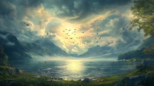 Storm-kissed mountain lake beneath a spellbound sunrise sky.