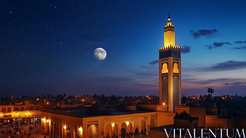 Moonlit minaret watching over a warmly glowing desert town.