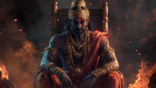 Imperious firelit demon king seated on ornate throne regally.