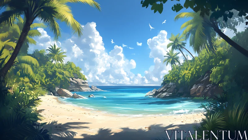 Tropical coastal landscape with palm trees, sandy beach, turquoise water.