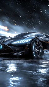 Futuristic sports car on wet city street at night.