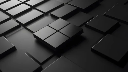 Minimalist 3D black squares with central raised geometric design.
