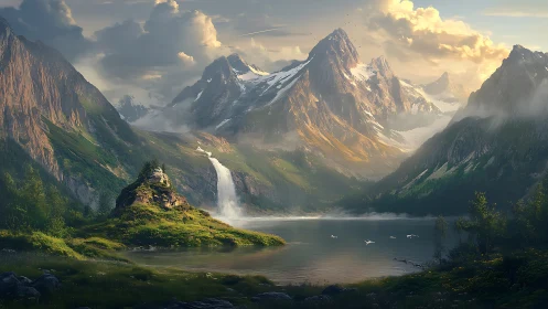 Mountain lake landscape with waterfall and distant peaks.