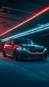 Lowered BMW wagon in neon lit tunnel at night scene.