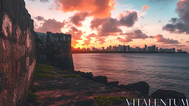 Photorealistic coastal fortress and skyline at cinematic sunset.