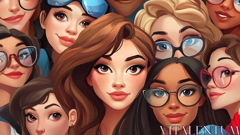 Diverse group of women in modern cartoon style, vibrant colors.