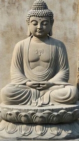 Stone Buddha statue is seated in lotus posture on pedestal