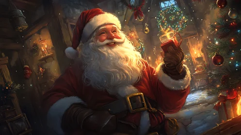 Santa admires a glowing present in a cozy Christmas workshop.
