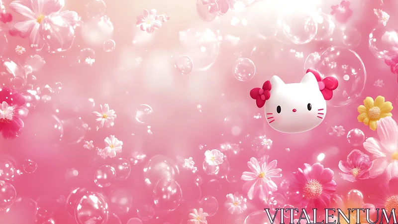 Kawaii cat head floats among glossy bubbles and flowers