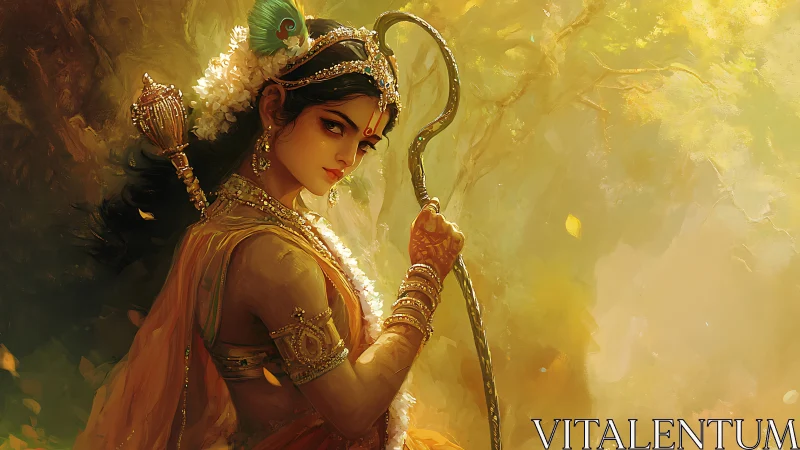 Digital painting of regal warrior goddess with forest backlight.