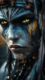 Warrior gaze wrapped in paint, feathers, and ember light.