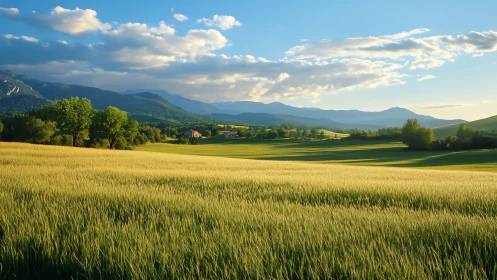Grain fields with distant hills under late afternoon light.