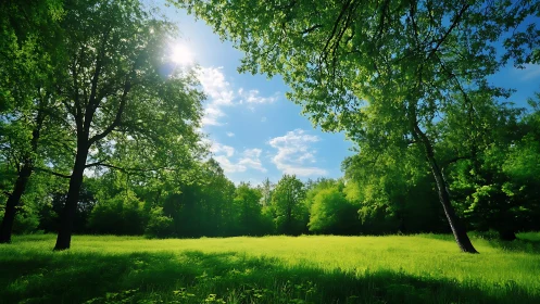 Sunlit grassy clearing is bordered by dense deciduous trees