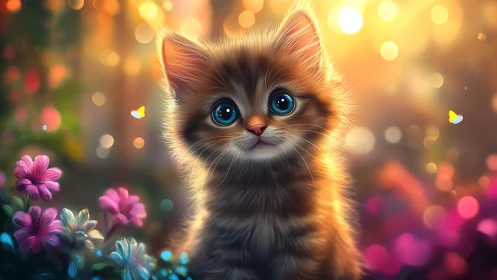 Luminous Kitten Portrait with Golden Bokeh and Floral Garden Setting.