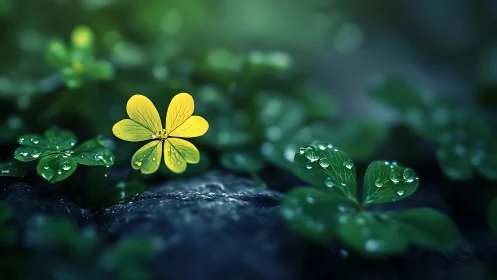 Yellow four-petaled flower is centered amid clover leaves