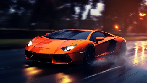 Orange supercar accelerates along wet city road at night