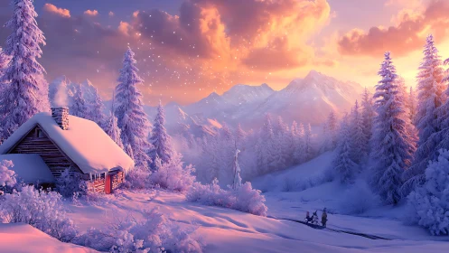 Snowy twilight cabin hums while pastel mountains glow wild