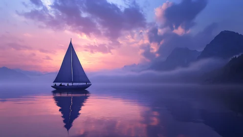 Solitary sailboat crosses calm reflective lake at dusk