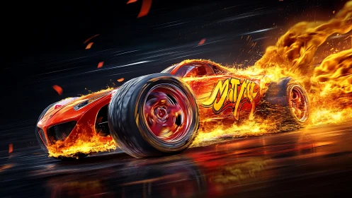 Flaming red race car blasting through fire trail at speed.