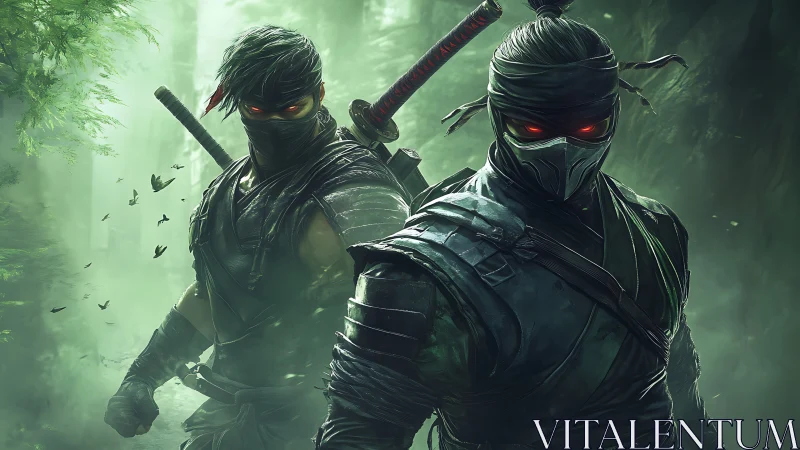 Two cyber ninjas prowl a misty forest in glowing-eyed silence
