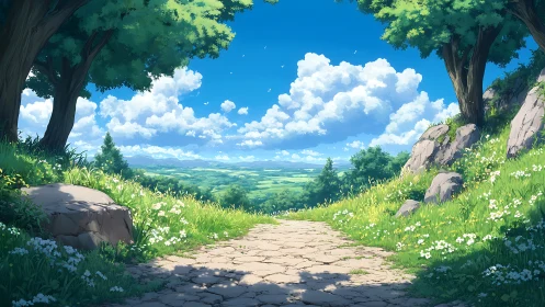 Sunlit country path opening onto a peaceful green valley.