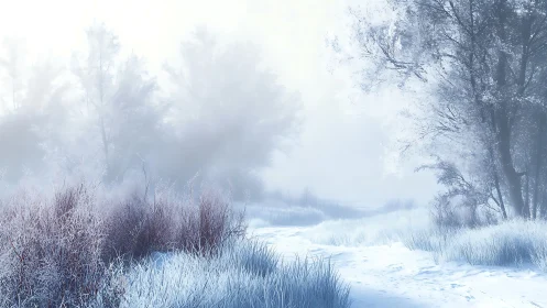 Frosted winter meadow with misty tree line and pale light.