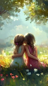 Children Embracing in Sunlit Wildflower Field with Pastoral Atmosphere