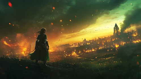 Solitary Warrior Gazes Upon Burning City Ruins