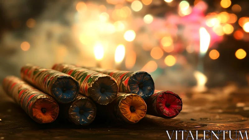 Colorful firecrackers glowing in a cozy festive blur.