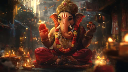 Ganesh idol sits in festive street scene with lit oil lamps