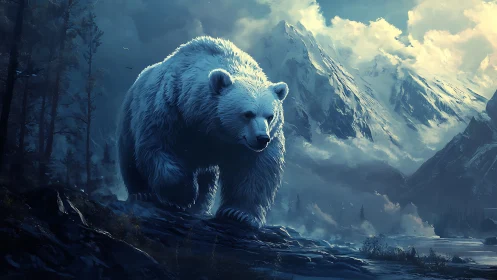 Majestic white bear roams a misty mountain wilderness at dusk