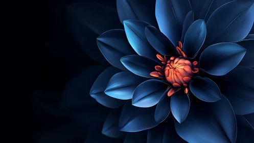 Blue Bloom with Fiery Heart Glowing in Darkness.