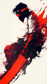 Masked anime figure holding red chainsaw in motion splash