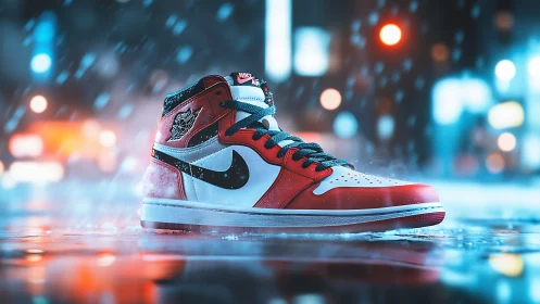 Red and white sneaker stands on wet neon city street at night