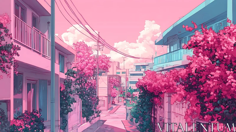 Quiet residential street in pink-toned digital cityscape.
