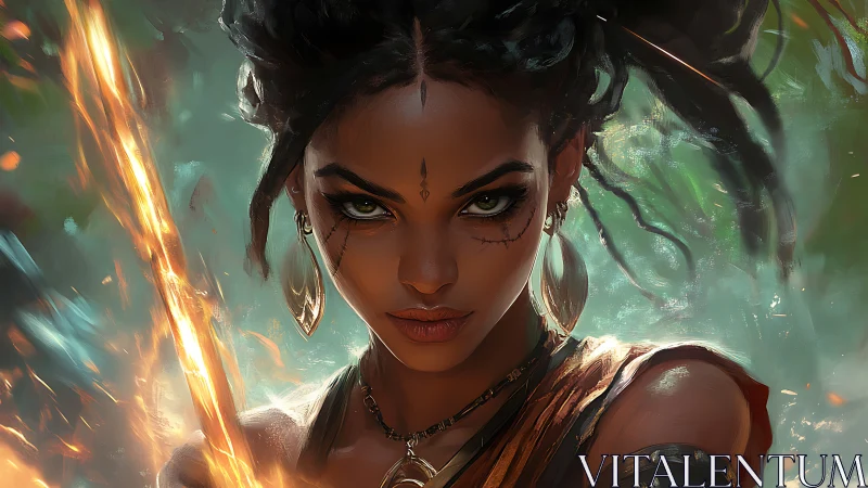 Warrior woman holds flaming sword and stares forward intently