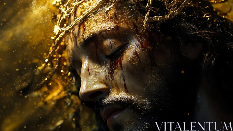 Cinematic close-up portrait dramatizes crowned, wounded face in gold