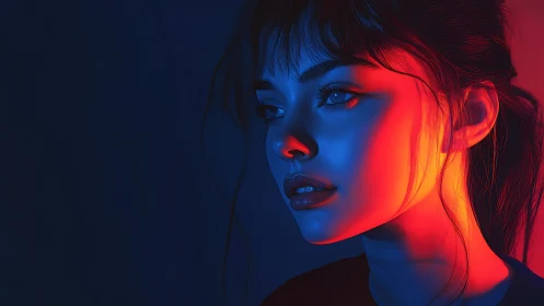 Moody neon portrait of a thoughtful young woman in glow.